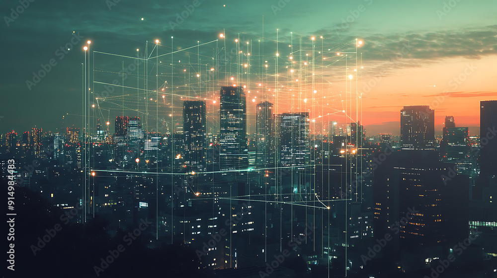 A futuristic city skyline with digital lines and connections overlay, representing the integration of fintech in urban development A futuristic city skyline with digital lines and connections overlay, representing the integration of fintech in urban development