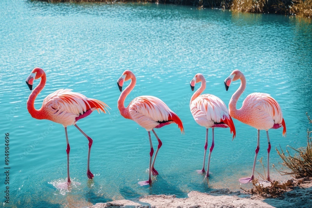 Obraz premium Wild african birds. Group birds of pink african flamingos walking around the blue lagoon on a sunny day , ai