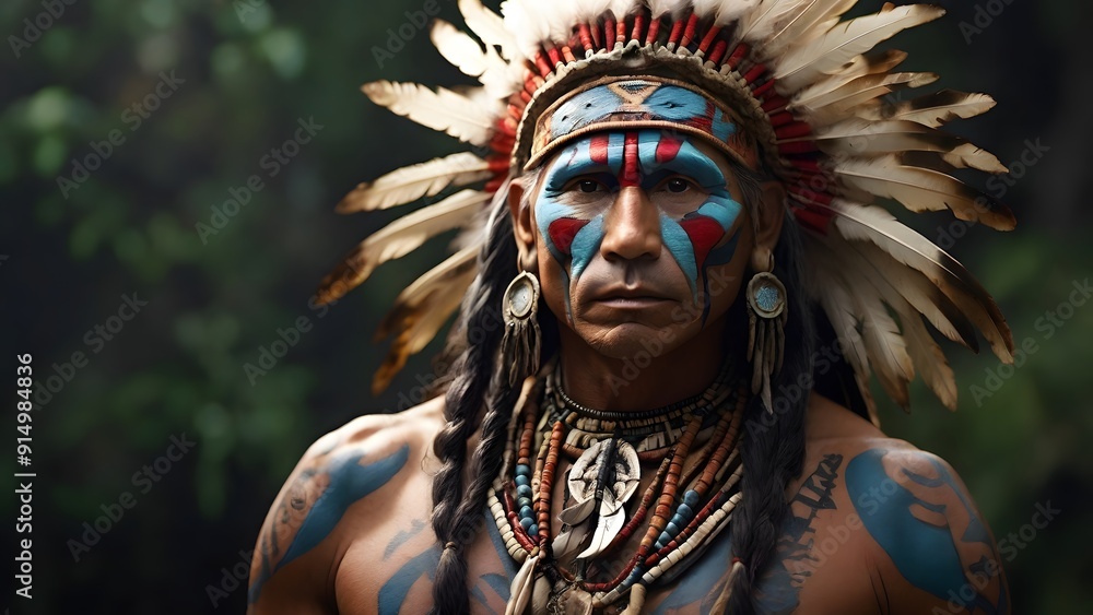 Portrait of a Native American Chief in a Feathered Headdress: Majestic and Traditional Portrait of a Native American Chief in a Feathered Headdress: Majestic and Traditional