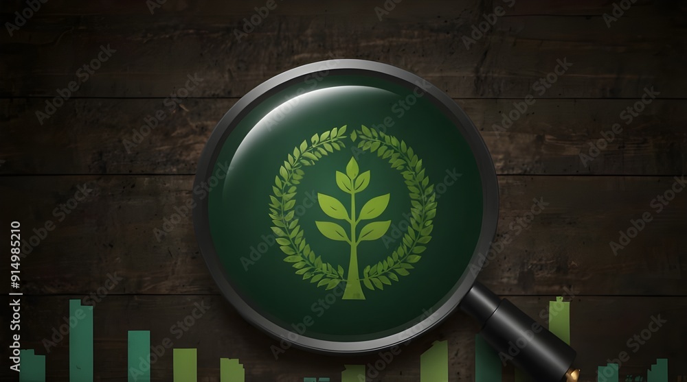 Obraz premium A green company concept's environment target, a social business strategy's magnifying glass concentrate on the green target icon, and business growth with environmental conservation aims