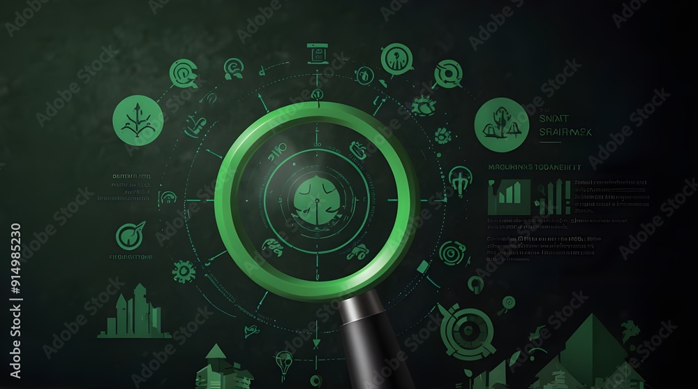 A green company concept's environment target, a social business strategy's magnifying glass concentrate on the green target icon, and business growth with environmental conservation aims A green company concept's environment target, a social business strategy's magnifying glass concentrate on the green target icon, and business growth with environmental conservation aims