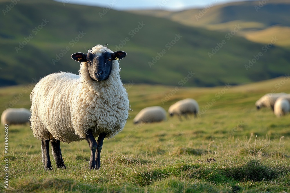 Fototapeta premium Sheep on pasture background, ai