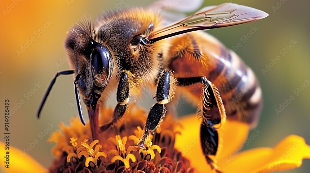 A bee is on a flower, with its head down and its mouth open A bee is on a flower, with its head down and its mouth open