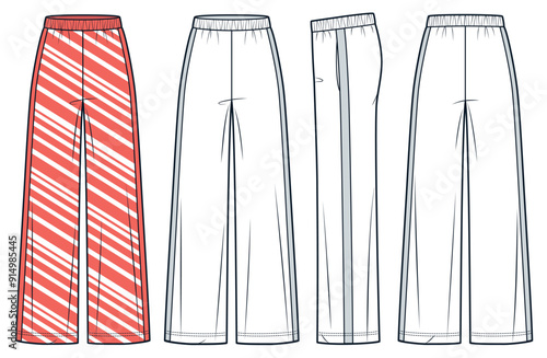 Wide leg Pants fashion technical drawing template. Jogger Pants technical fashion illustration, elastic waist, pocket, front, side, back view, white, red strips, women, men, unisex CAD mockup set. 