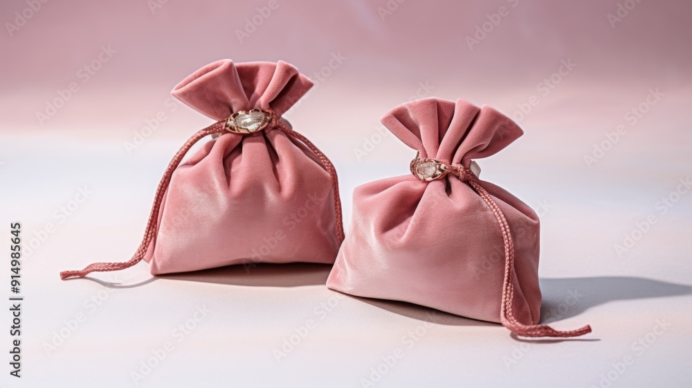 Pink Satin Drawstring Pouches on White Background Pink Satin Drawstring Pouches on White Background