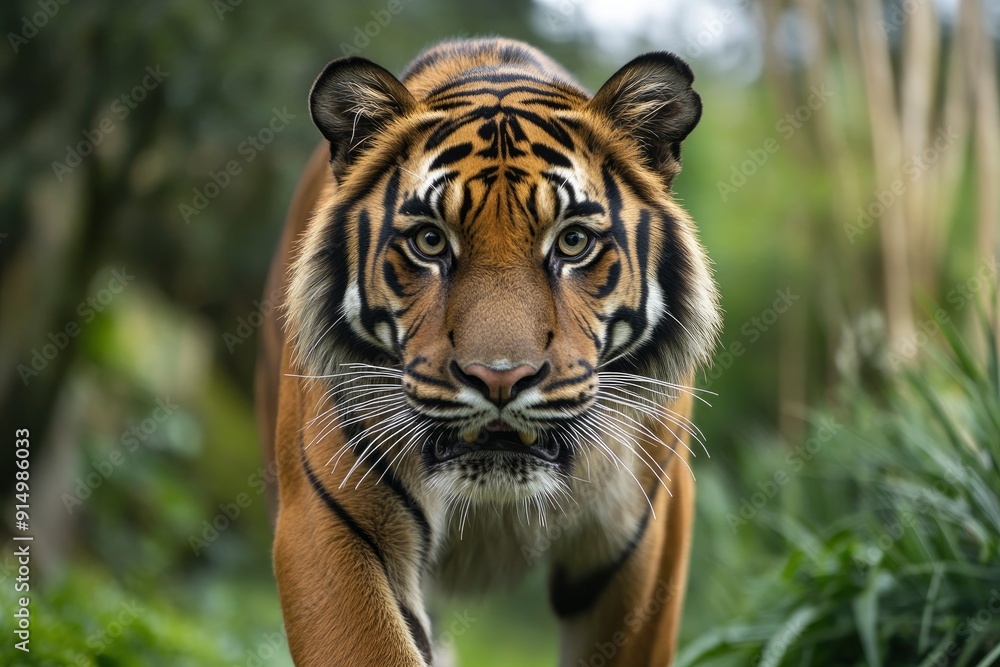 Fototapeta premium Proud Sumatran Tiger prowling towards the camera , ai
