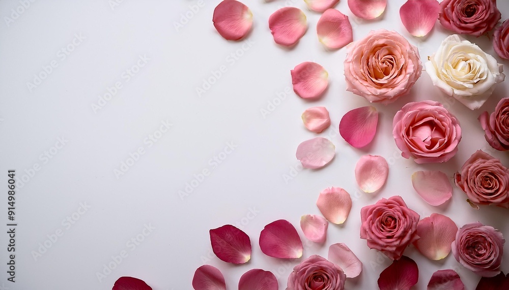 Beautiful arrangement of pink and white roses surrounded by delicate petals on a light background Beautiful arrangement of pink and white roses surrounded by delicate petals on a light background