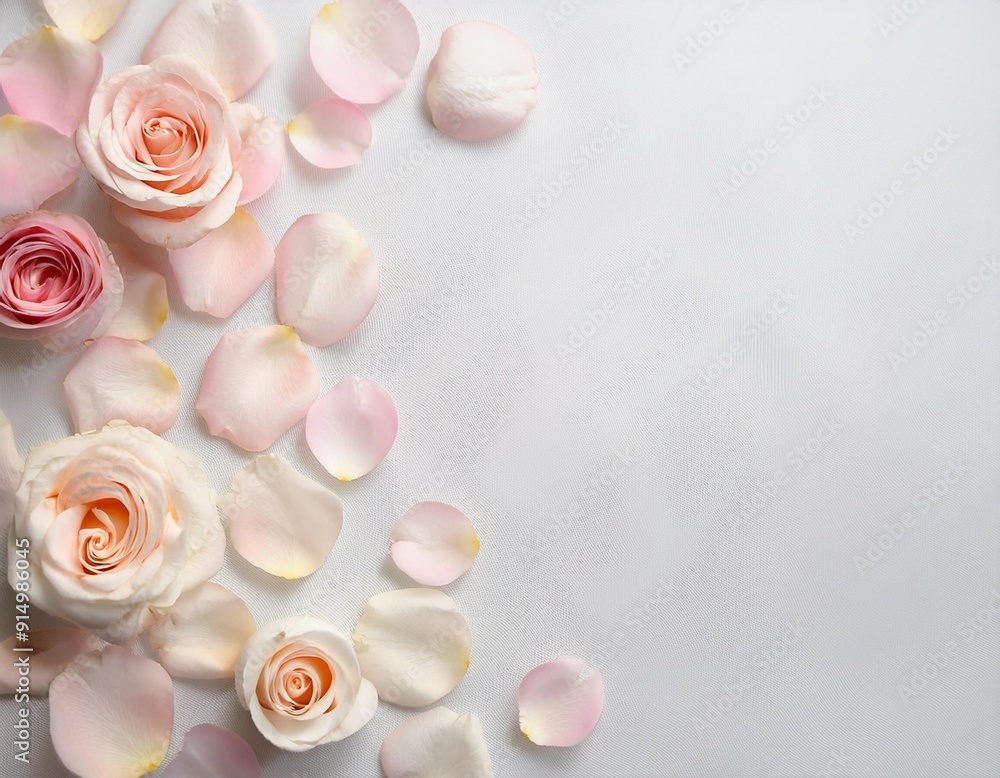Soft pink and white roses with scattered petals on a light background, creating a romantic and serene atmosphere Soft pink and white roses with scattered petals on a light background, creating a romantic and serene atmosphere