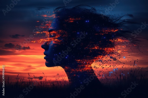 A profile silhouette of a woman’s head with a mesmerizing blend of cosmic elements and a sunset sky. Her head appears to dissolve into the cosmos