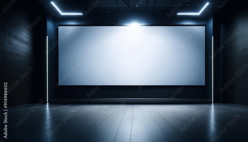 Modern empty projection room with a large blank screen mockup illuminated by soft lighting, featuring sleek design and black walls Modern empty projection room with a large blank screen mockup illuminated by soft lighting, featuring sleek design and black walls
