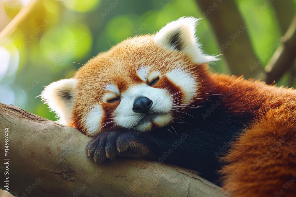 Fototapeta premium Sleeping Red Panda. Funny cute animal image, ai
