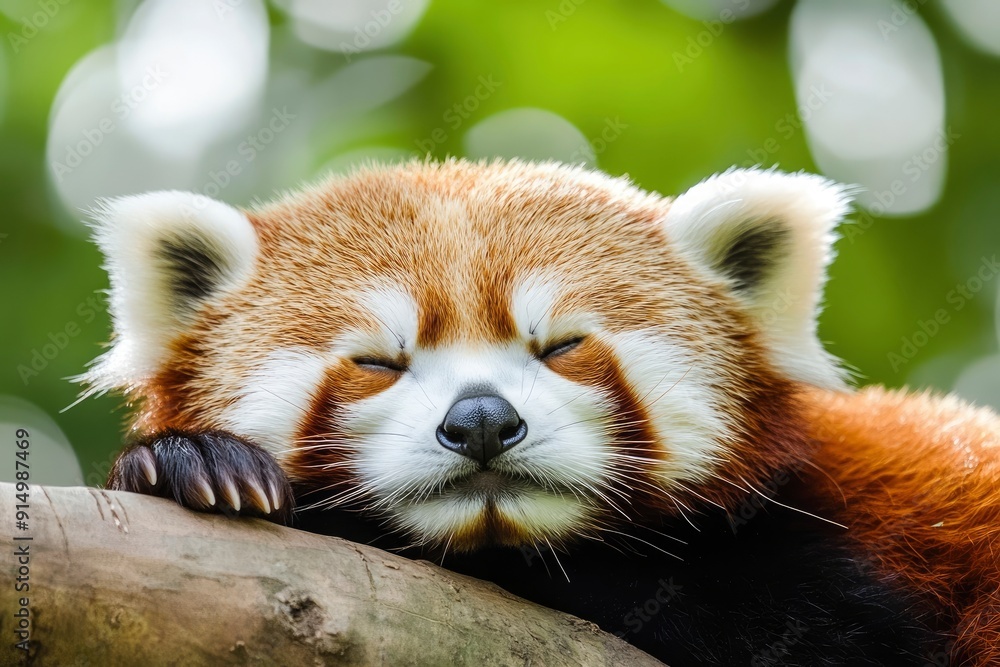 Fototapeta premium Sleeping Red Panda. Funny cute animal image, ai