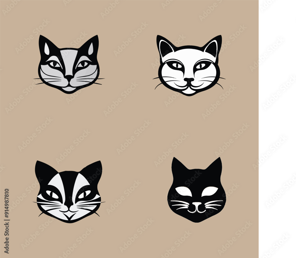 cat face black and white silhouette vector. cat face black and white silhouette vector.