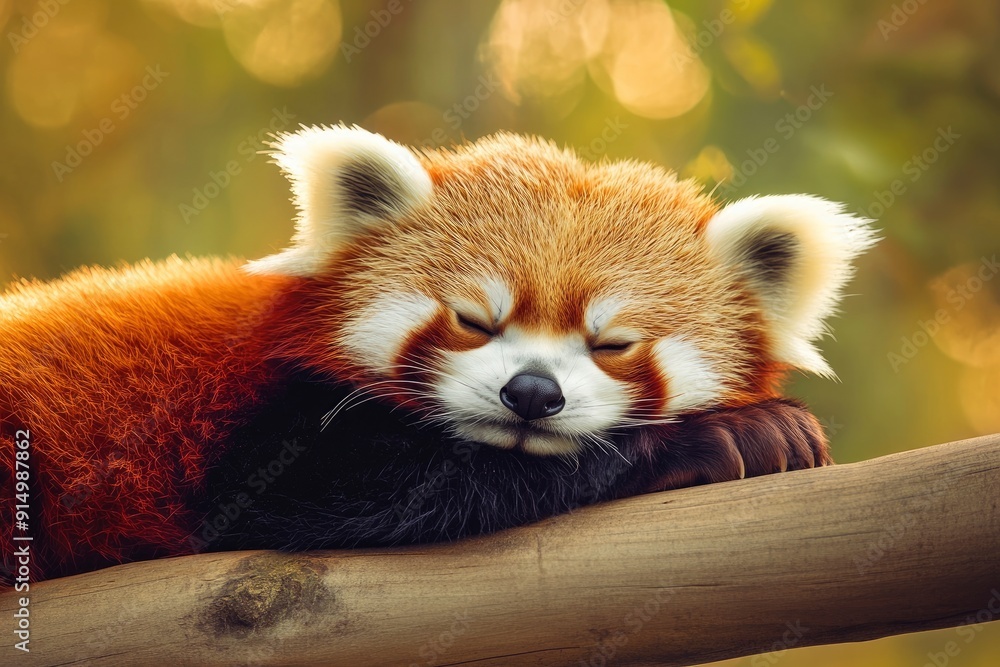 Fototapeta premium Sleeping Red Panda. Funny cute animal image, ai