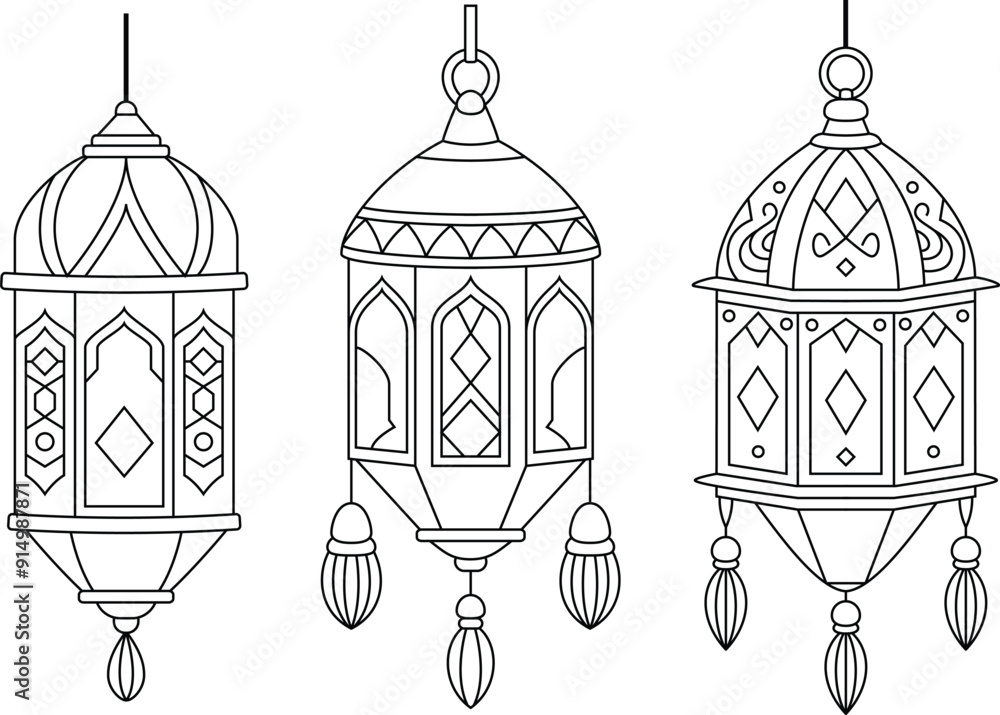 Set of Ramadan Lantern Outine Coloring Page Set of Ramadan Lantern Outine Coloring Page