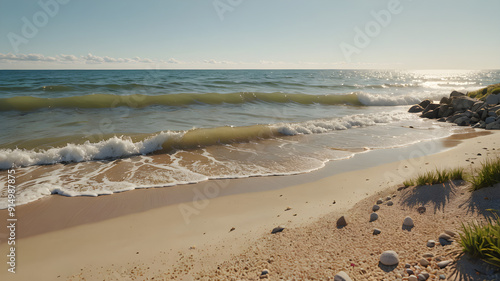 Nostalgia for the good old days . A view of a sunny day on the beach with gentle waves and a clear sky. photo