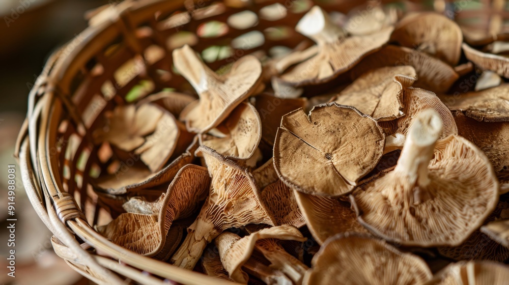 Dried Shiitake Mushrooms in Wicker Basket at Market Dried Shiitake Mushrooms in Wicker Basket at Market