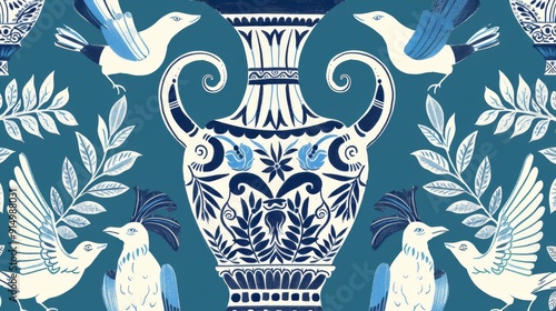 Classic Blue and White Pottery Design with Bird Motifs