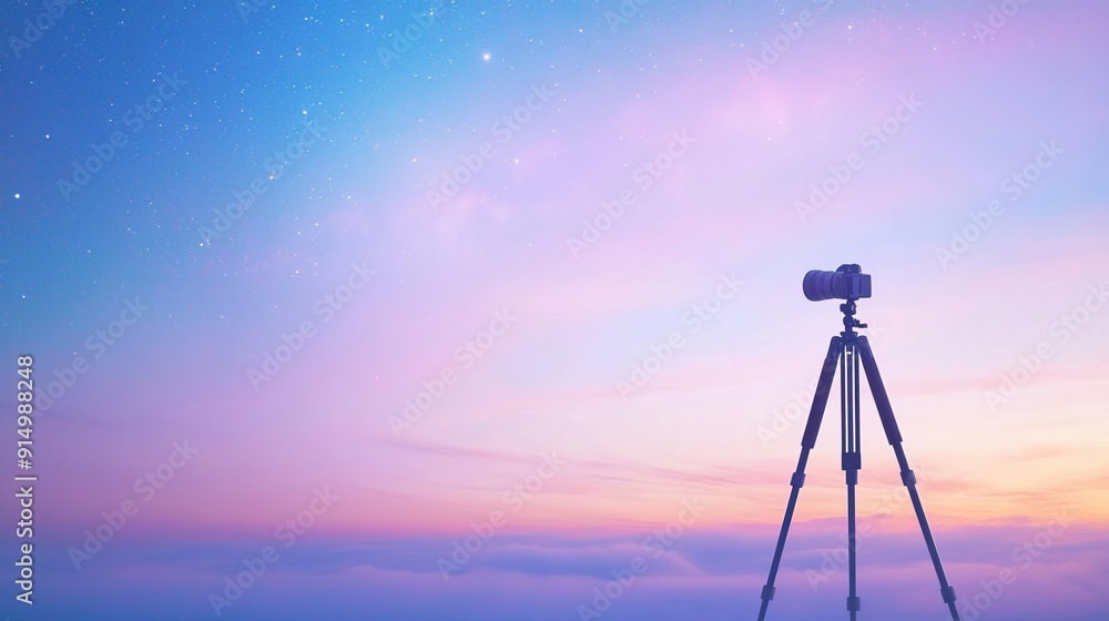 Camera on a tripod capturing the night sky with stars and a colorful sunrise.