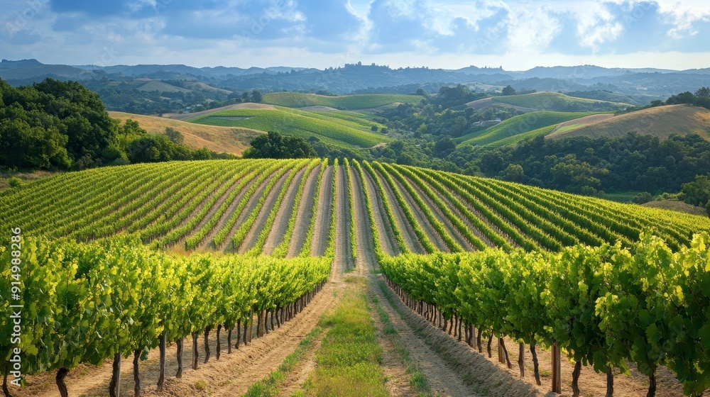 A scenic vineyard with rows of grapevines and a view of rolling hills in the background A scenic vineyard with rows of grapevines and a view of rolling hills in the background