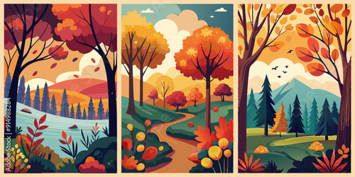 Three autumn landscapes with trees, flowers, river, and mountains. The artwork depicts three autumn landscapes, showcasing trees, flowers, a river, and mountains. It beautifully embodies nature and th