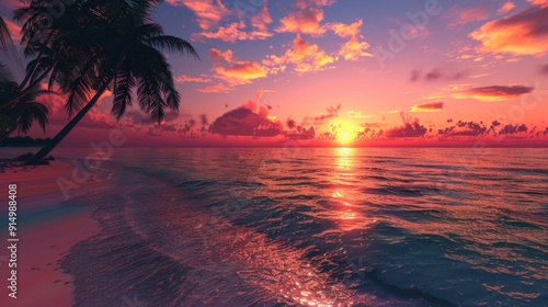 Tranquil Beach Sunset with Palm Tree and Reflective Ocean Waves