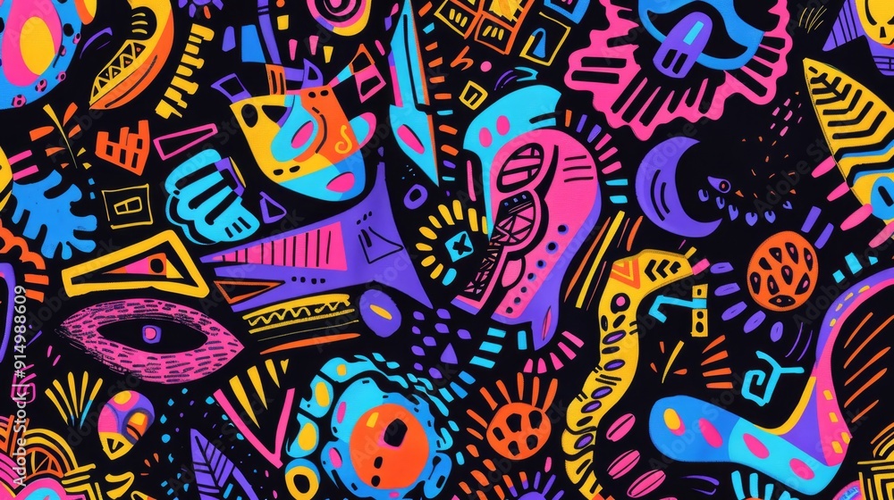 Obraz premium Vibrant Tribal Artwork with Psychedelic Patterns and Symbols