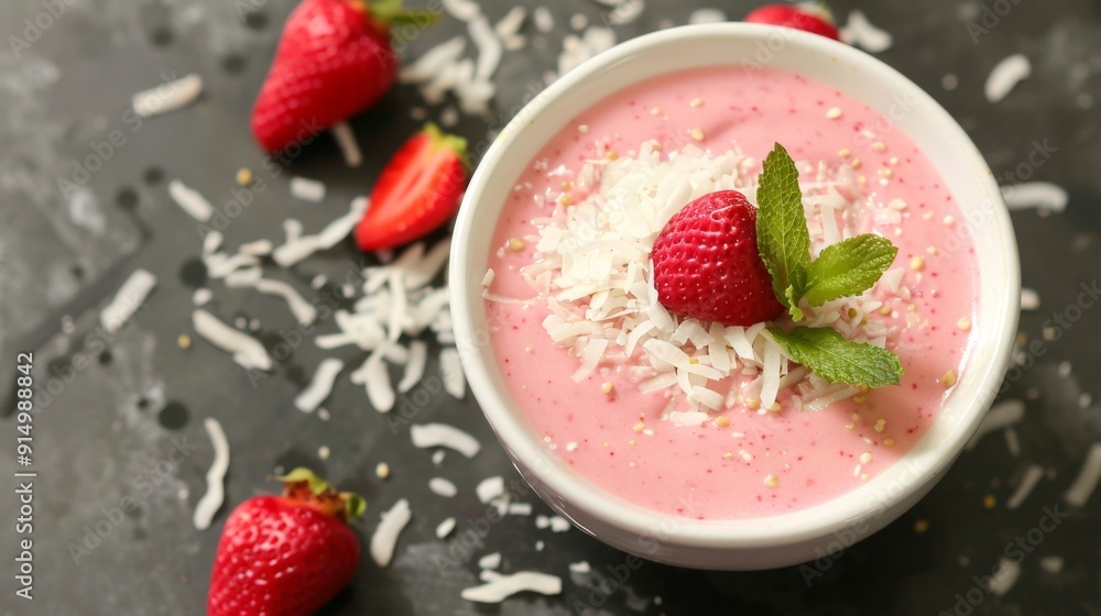 Fresh Strawberry Soup with Mint Garnish in Elegant Setting. Chilled Strawberry Coconut Soup Fresh Strawberry Soup with Mint Garnish in Elegant Setting. Chilled Strawberry Coconut Soup