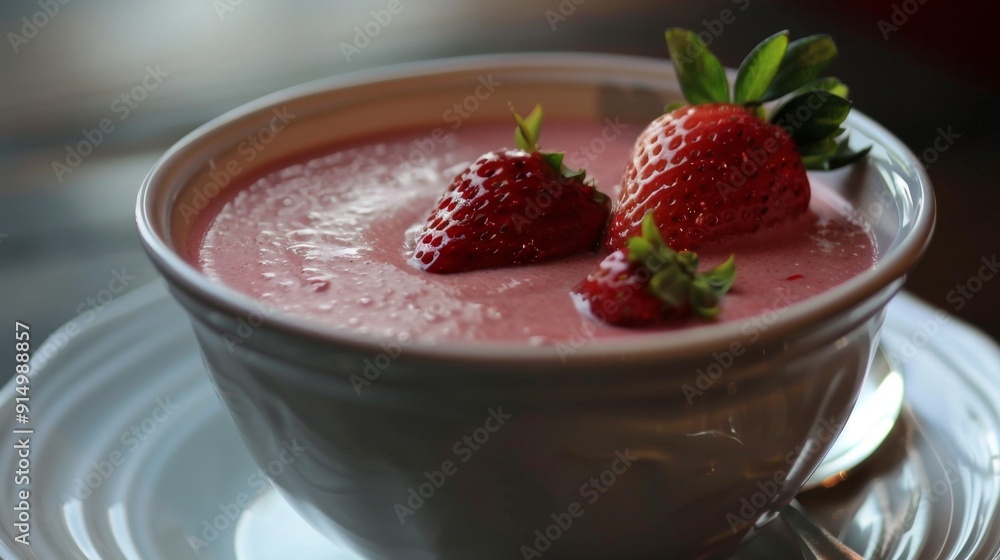 Fresh Strawberry Soup with Mint Garnish in Elegant Setting. Chilled Strawberry Coconut Soup Fresh Strawberry Soup with Mint Garnish in Elegant Setting. Chilled Strawberry Coconut Soup