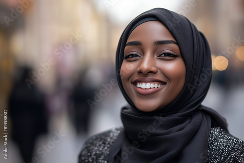 smiling woman wearing a black hijab and a black jacket. She is smiling and looking at the camera