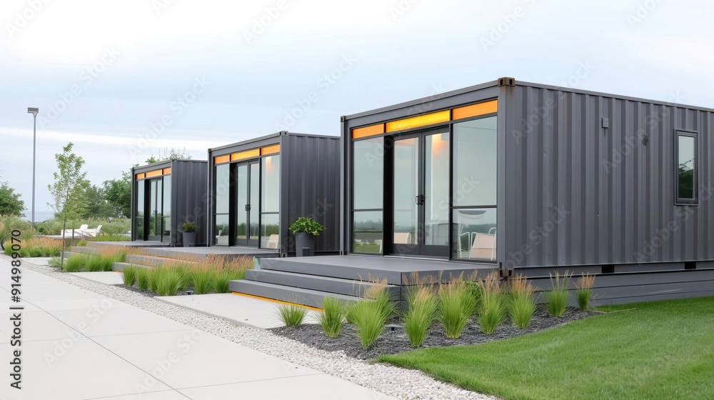 Modern shipping container office building with glass doors and landscaping. Modern shipping container office building with glass doors and landscaping.