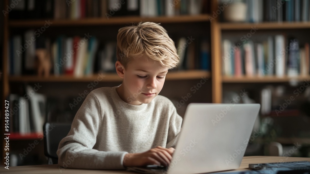 Young Boy Concentrating on Laptop in Home Library Young Boy Concentrating on Laptop in Home Library