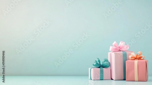 Pastel-colored gift boxes with bows on a light blue background.