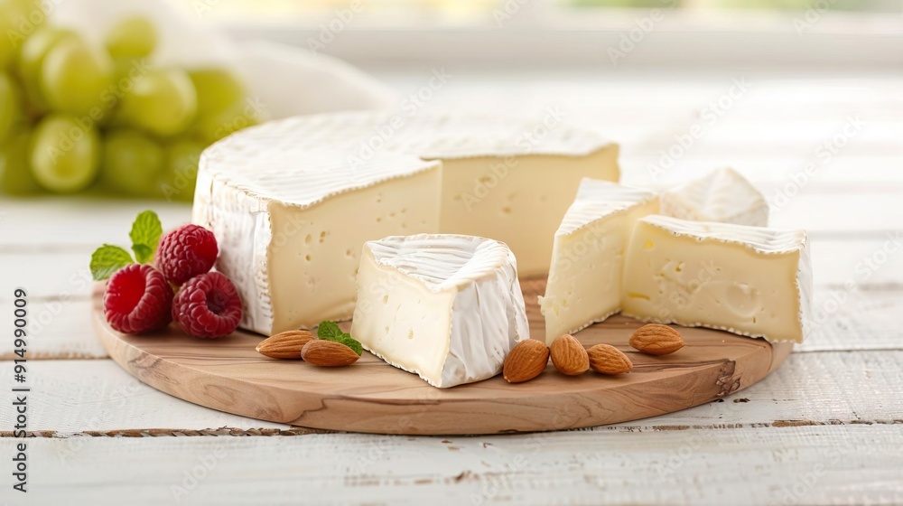 A wheel of brie cheese sliced and served with almonds and raspberries on a wooden board. A wheel of brie cheese sliced and served with almonds and raspberries on a wooden board.