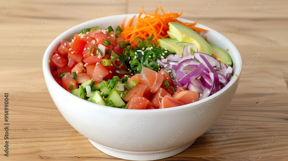 Delicious poke bowl with salmon, avocado, and rice. Delicious poke bowl with salmon, avocado, and rice.