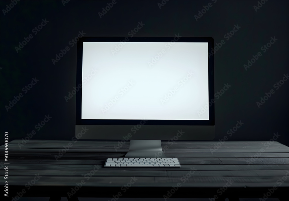 A computer monitor with a white screen sits on a wooden desk with a keyboard in front of it. A computer monitor with a white screen sits on a wooden desk with a keyboard in front of it.