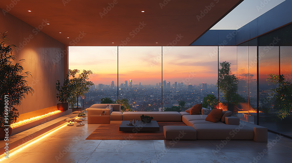 Obraz premium Modern living room with sunset view, featuring large windows, cozy sofa, and stylish decor for a serene atmosphere.
