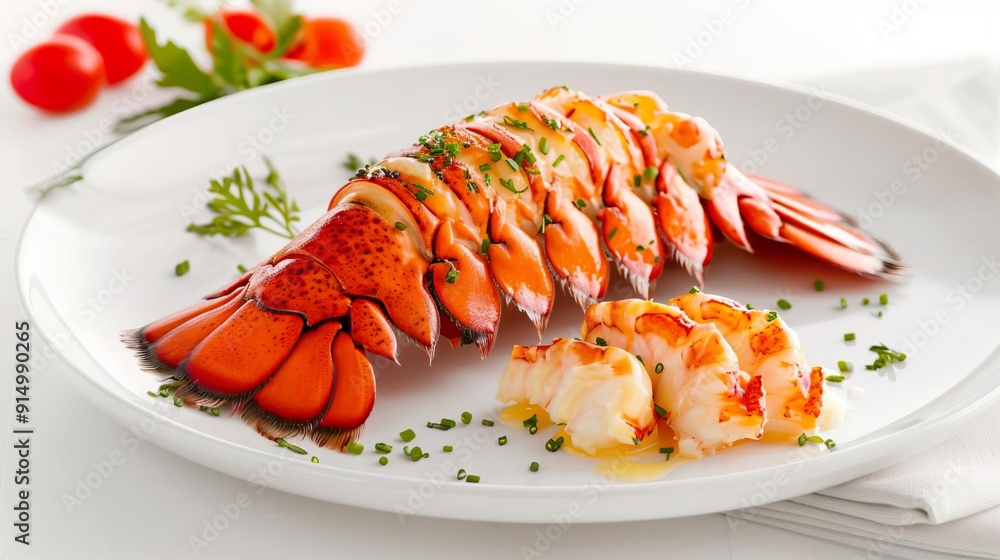 Grilled lobster tail with herbs on white plate Grilled lobster tail with herbs on white plate