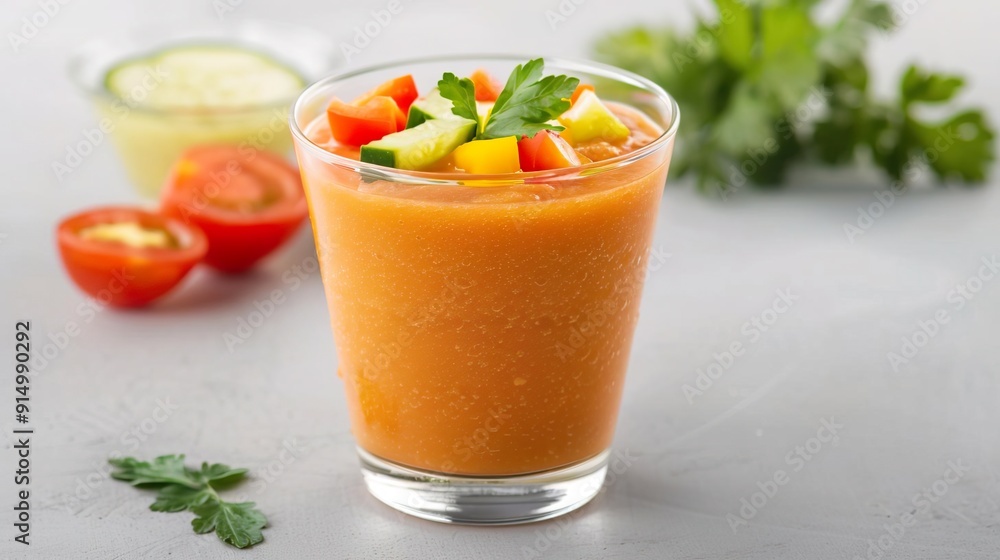 Refreshing Gazpacho soup with fresh tomato, cucumber and bell pepper. Refreshing Gazpacho soup with fresh tomato, cucumber and bell pepper.