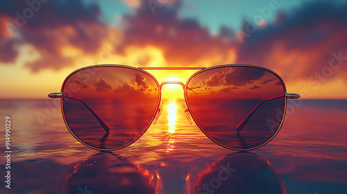Wallpaper Mural Stylish sunglasses reflecting a vibrant sunset over serene water, perfect for capturing summer vibes and relaxation. Torontodigital.ca