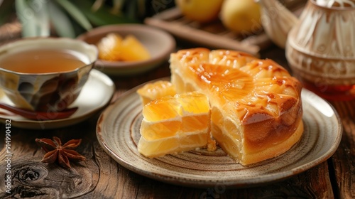 A Slice of Pineapple Upside-Down Cake on a Rustic Table