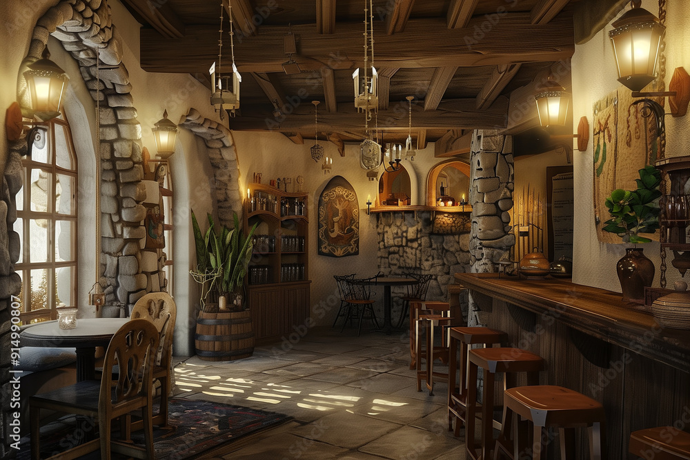 Interior of medieval wooden pub. Generative AI Interior of medieval wooden pub. Generative AI