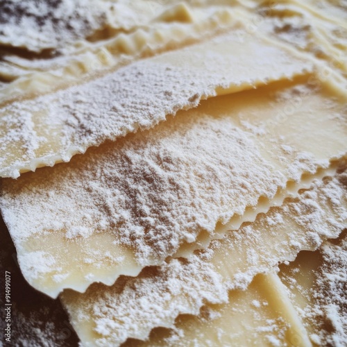 Uncooked Lasagna Close-up: A Flour-Dusted Showcase of Texture and Culinary Potential, Highlighting the Simple Ingredients of Traditional Italian Cuisine. photo