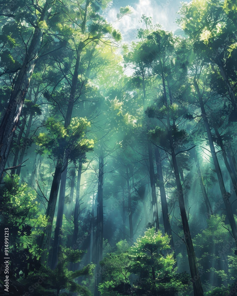 Lush forest filled with tall trees, soft light filtering through the leaves, creating a serene and enchanting atmosphere. Lush forest filled with tall trees, soft light filtering through the leaves, creating a serene and enchanting atmosphere.