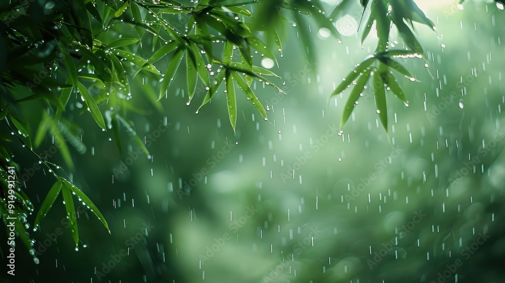 Obraz premium Lush green leaves glisten with raindrops, creating a serene, tranquil atmosphere in a vibrant natural setting.