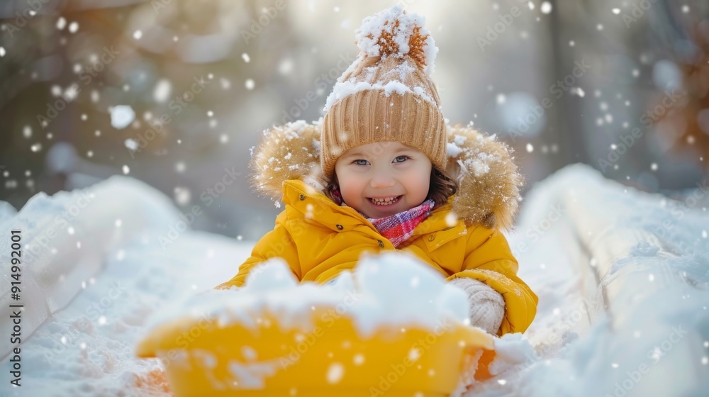 Cheerful Child Playing in Snow with Yellow Sled Cheerful Child Playing in Snow with Yellow Sled