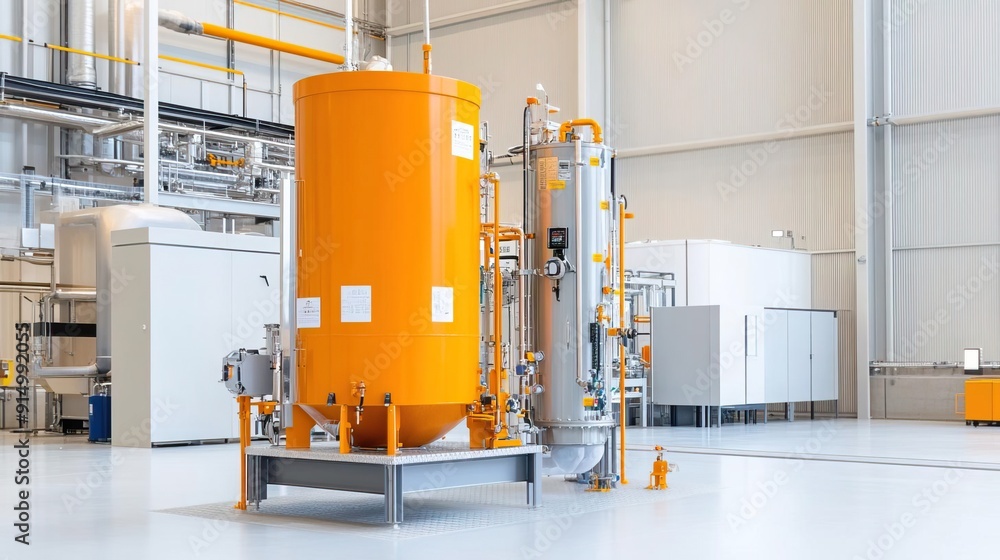 Industrial tank and equipment in a factory setting. Industrial tank and equipment in a factory setting.