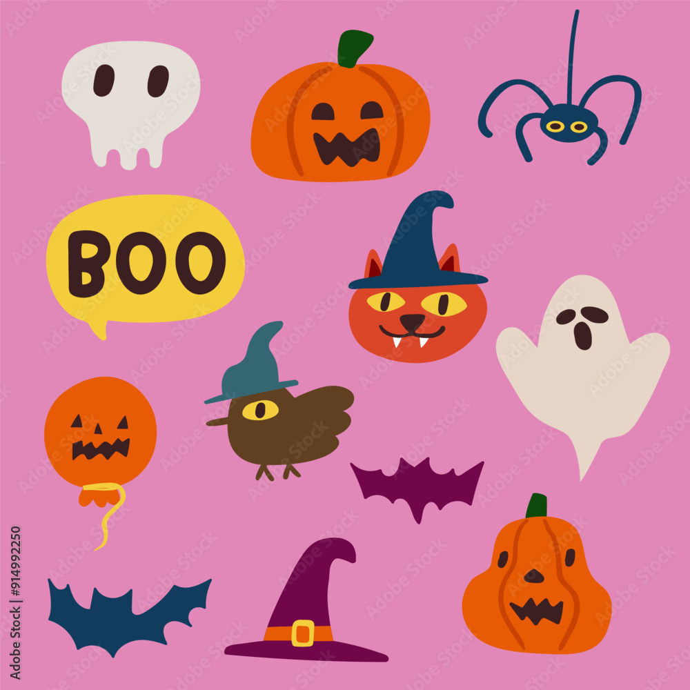 Set of design elements for Halloween. Pumpkin, skull, spider, cat vampire, ghost. Illustrations Set of design elements for Halloween. Pumpkin, skull, spider, cat vampire, ghost. Illustrations