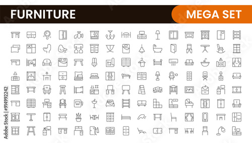Furniture and home interior elements - thin line web icon set. Outline icons of kitchen, living room, bedroom and office collection.