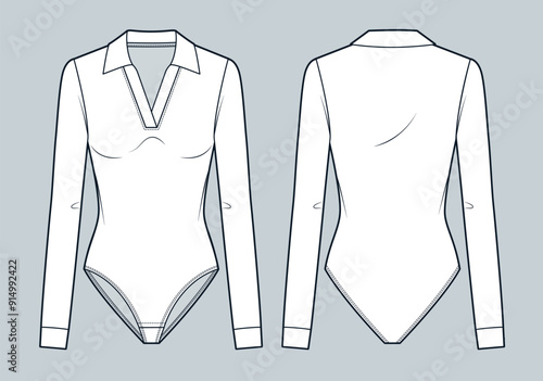 Polo Collar Bodysuit technical fashion illustration. V Neck Bodysuit fashion flat technical drawing template, cuff long sleeve, slim fit, front and back view, white, women, men, unisex Top CAD mockup.